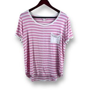 Tribal Jeans Women's Shirt Top Striped Short‎ Sleeve Hi Low Hem Large Pink White